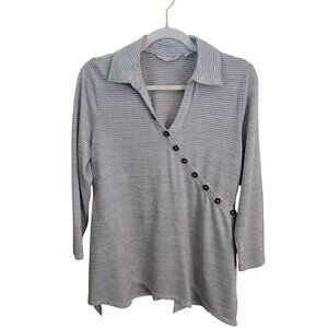 Soft Surroundings Tamara Tunic Green White Striped Collars V Neck Size PM